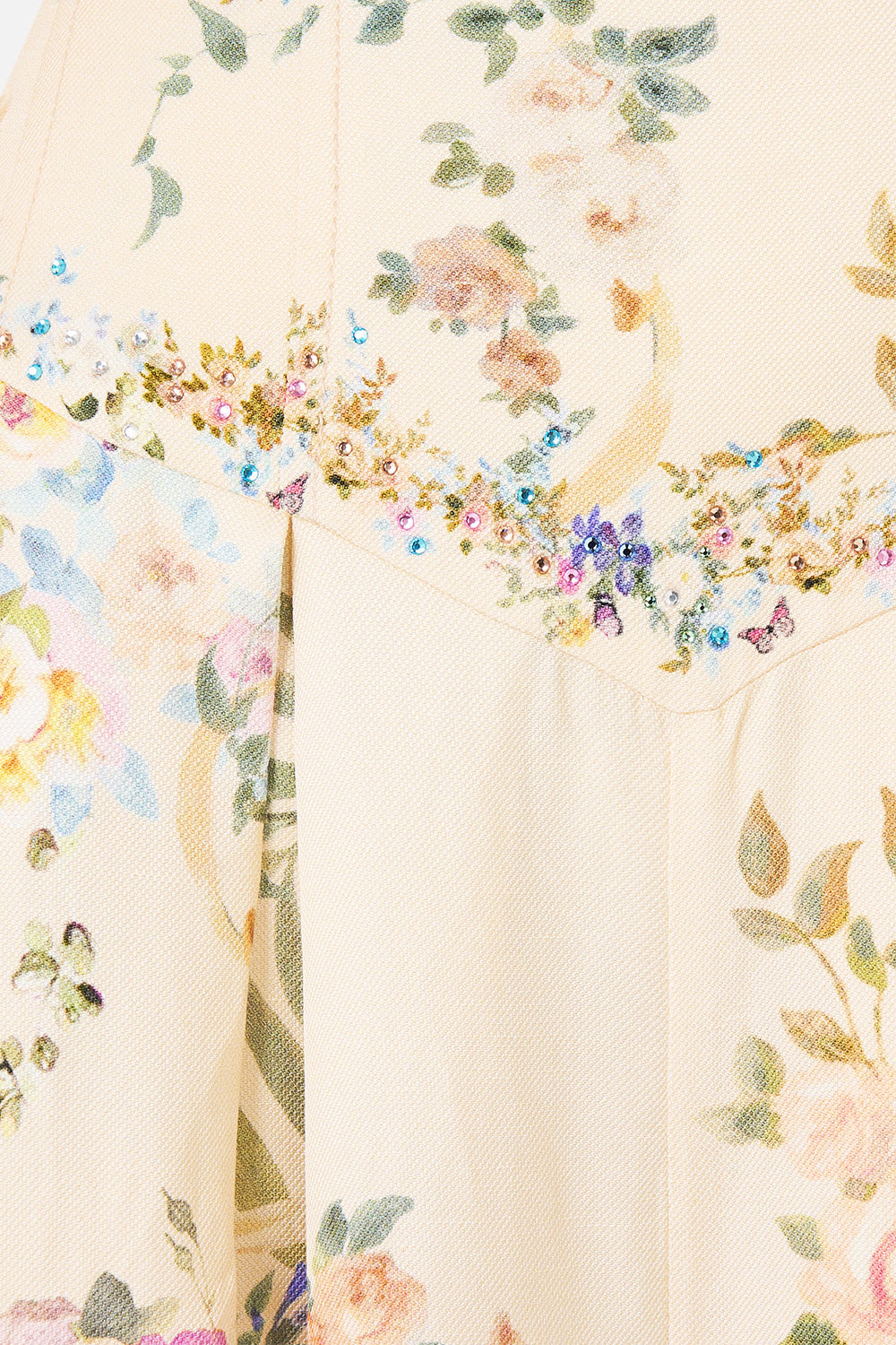 The CAMILLA ASYMMETRIC FRILL PANELLED DRESS WILDFLOWER WUNDERLAND in our  print.
