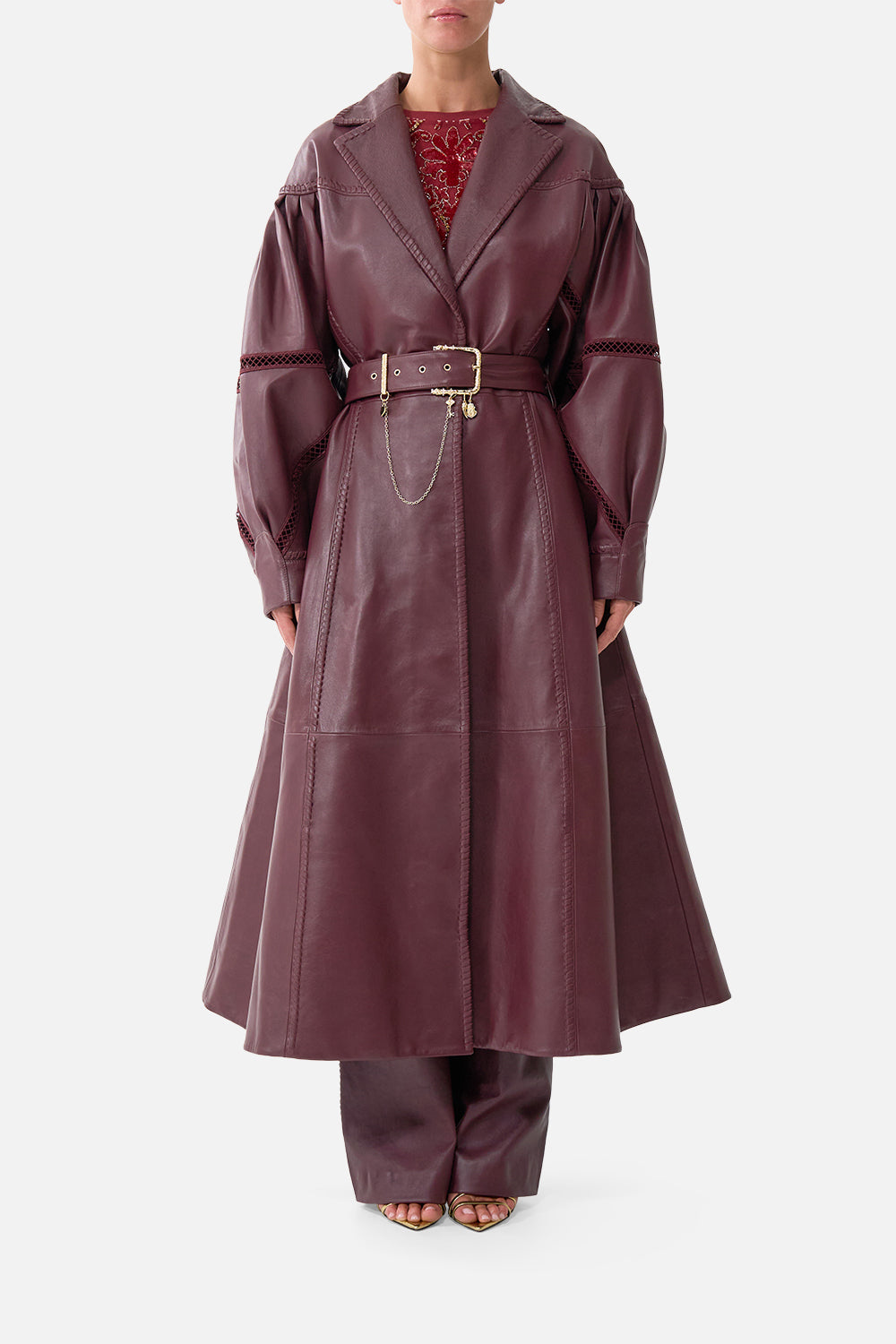 The CAMILLA Leather Coat with Tucked Sleeves in our Call Me a Carriage print, front view on model.