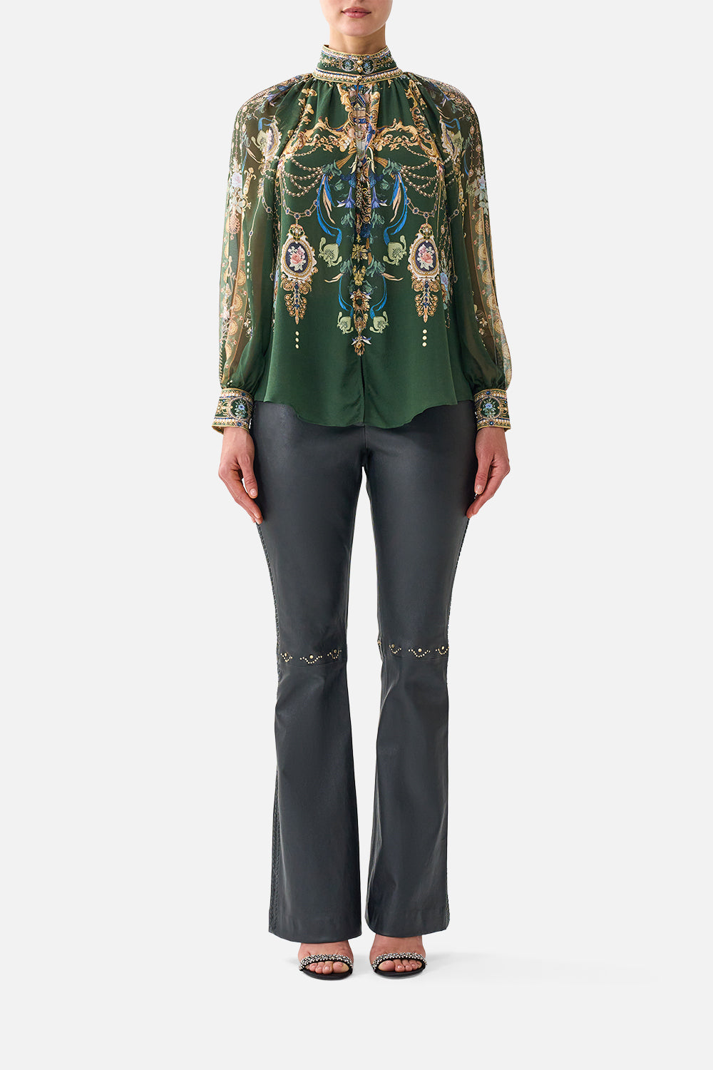 The CAMILLA Raglan Button Up Shirt in our The Secession Sessions print, front view on model.