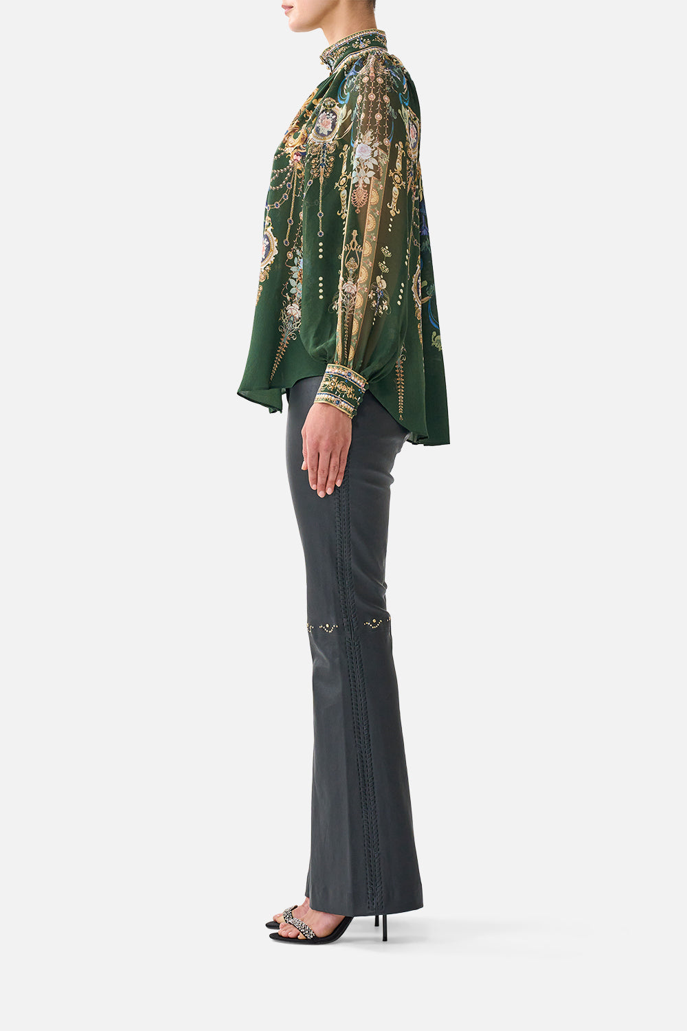 The CAMILLA Raglan Button Up Shirt in our The Secession Sessions print, side view on model.