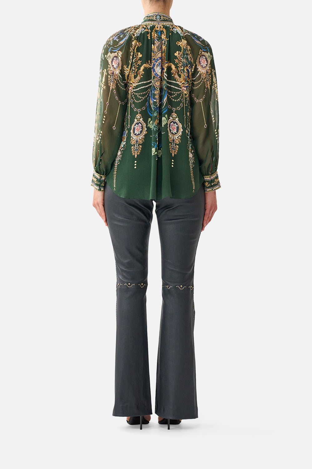 The CAMILLA Raglan Button Up Shirt in our The Secession Sessions print, back view on model.