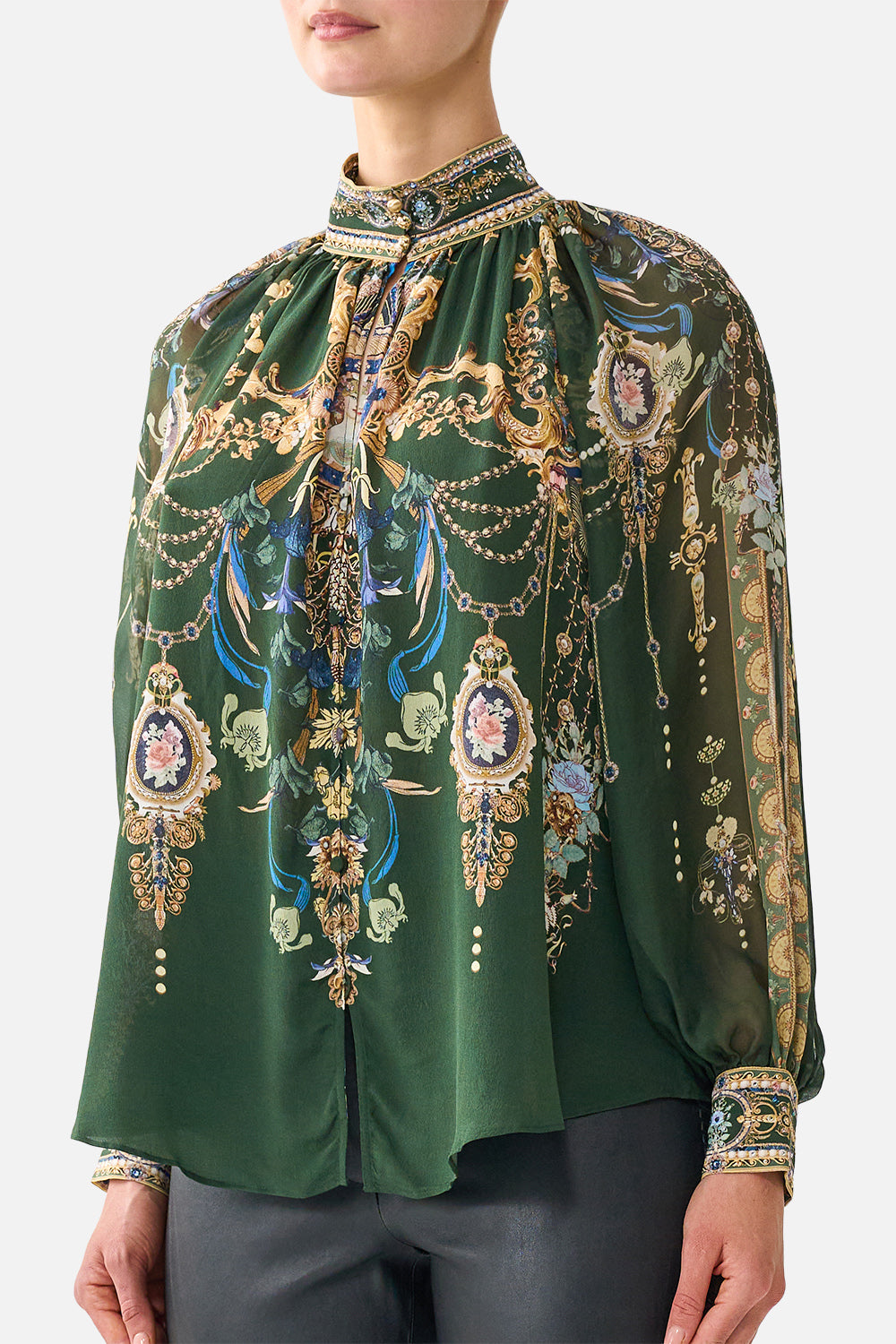 The CAMILLA Raglan Button Up Shirt in our The Secession Sessions print, detail view on model.