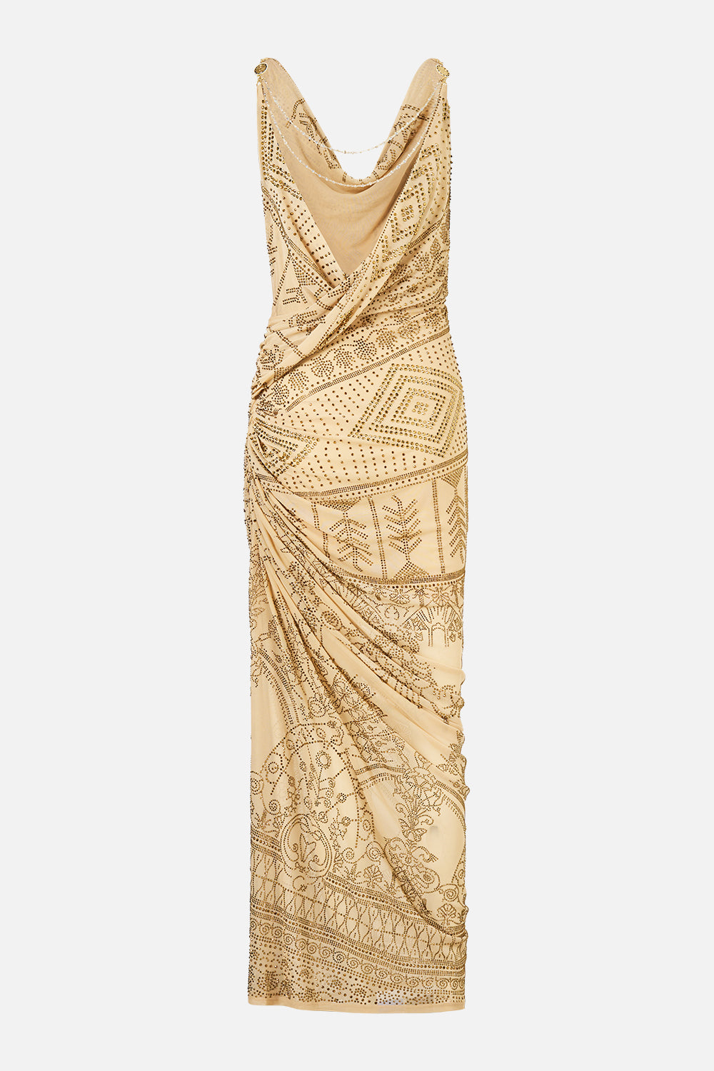 The CAMILLA Draped Chain Back Jersey Dress in our A Meeting of Masterpieces print, back view.