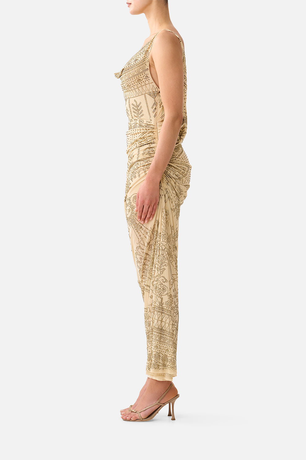 The CAMILLA Draped Chain Back Jersey Dress in our A Meeting of Masterpieces print, side view on model.