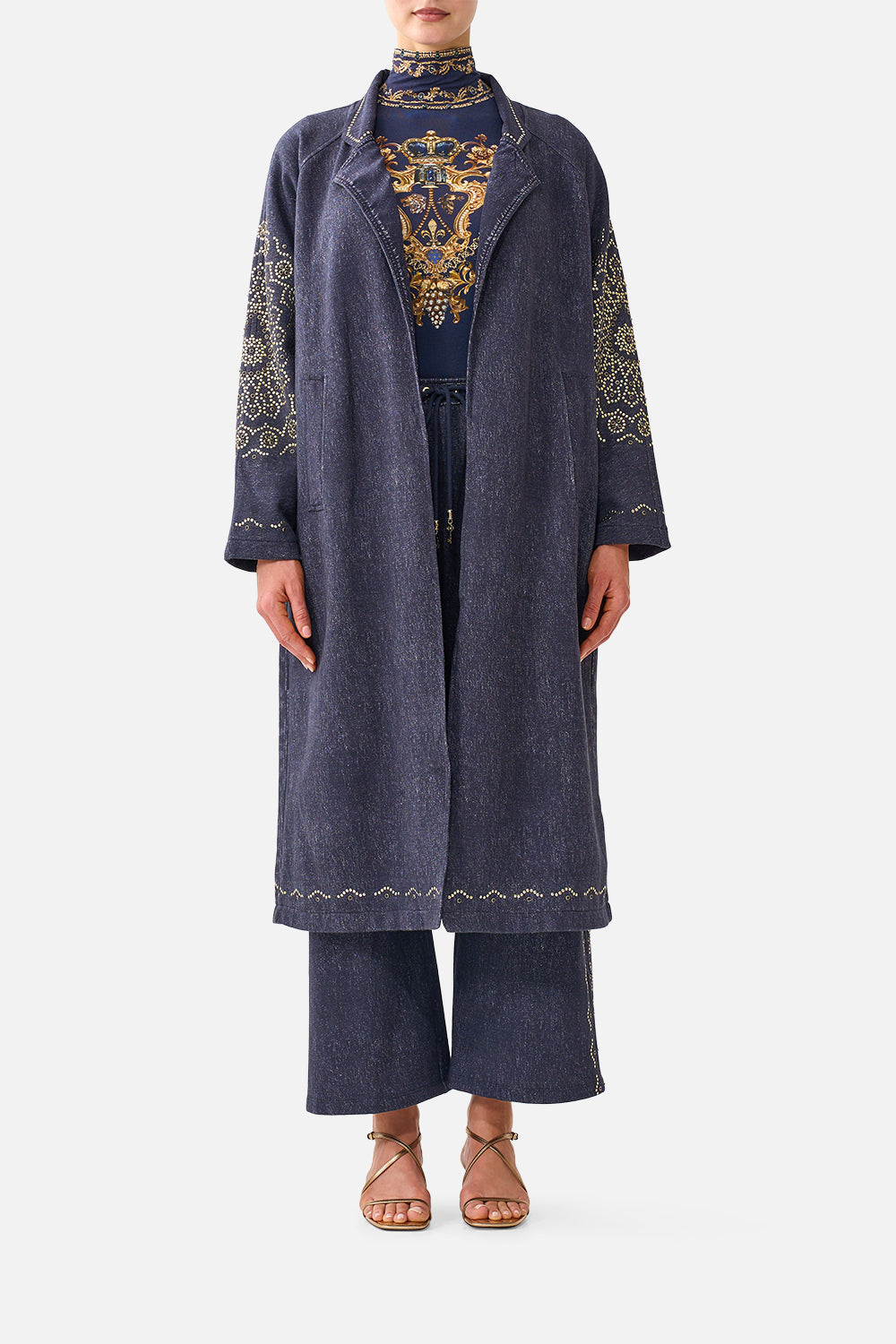The CAMILLA Sweat-Trench Coat in our Cloaked in Baroque print, front view on model.