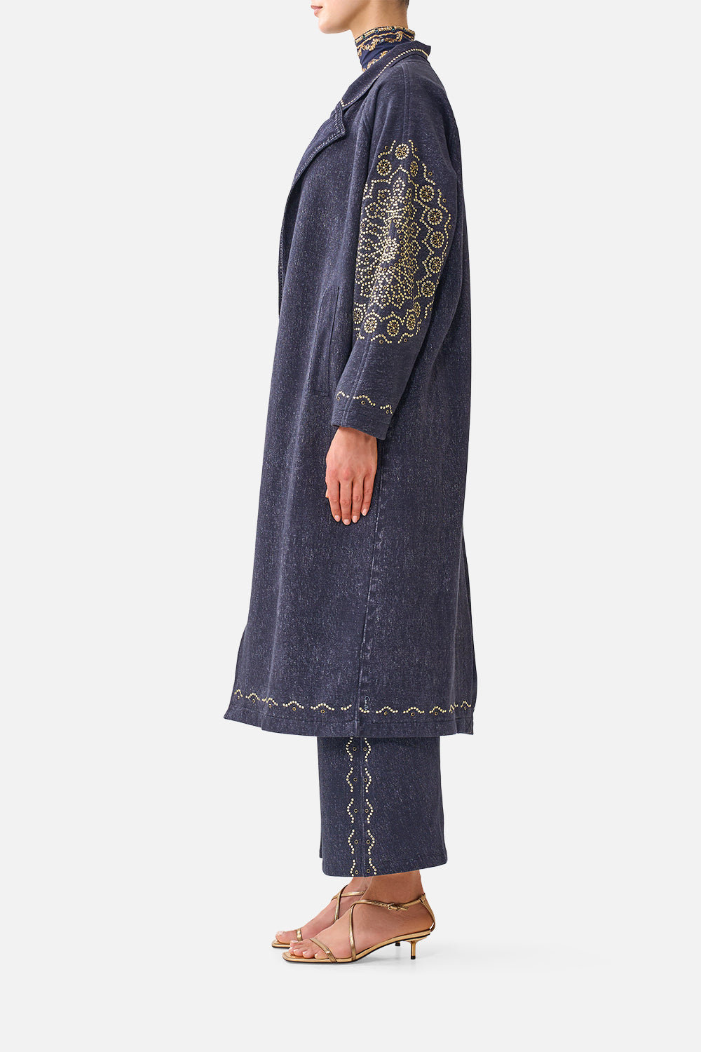 The CAMILLA Sweat-Trench Coat in our Cloaked in Baroque print, side view on model.