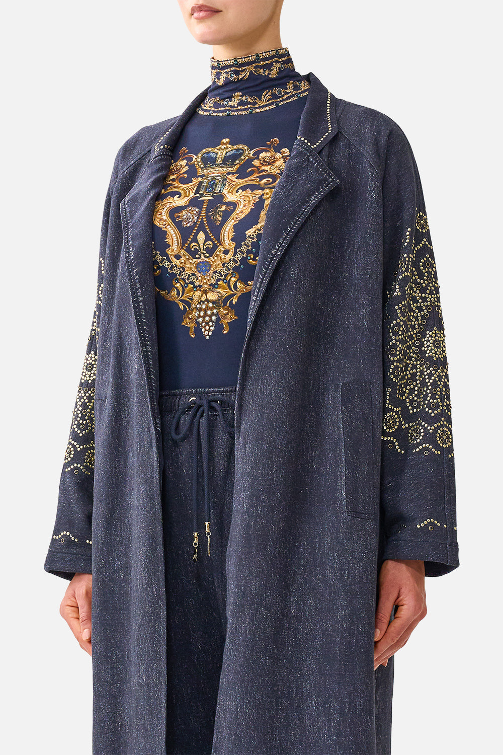 The CAMILLA Sweat-Trench Coat in our Cloaked in Baroque print, detail view on model.