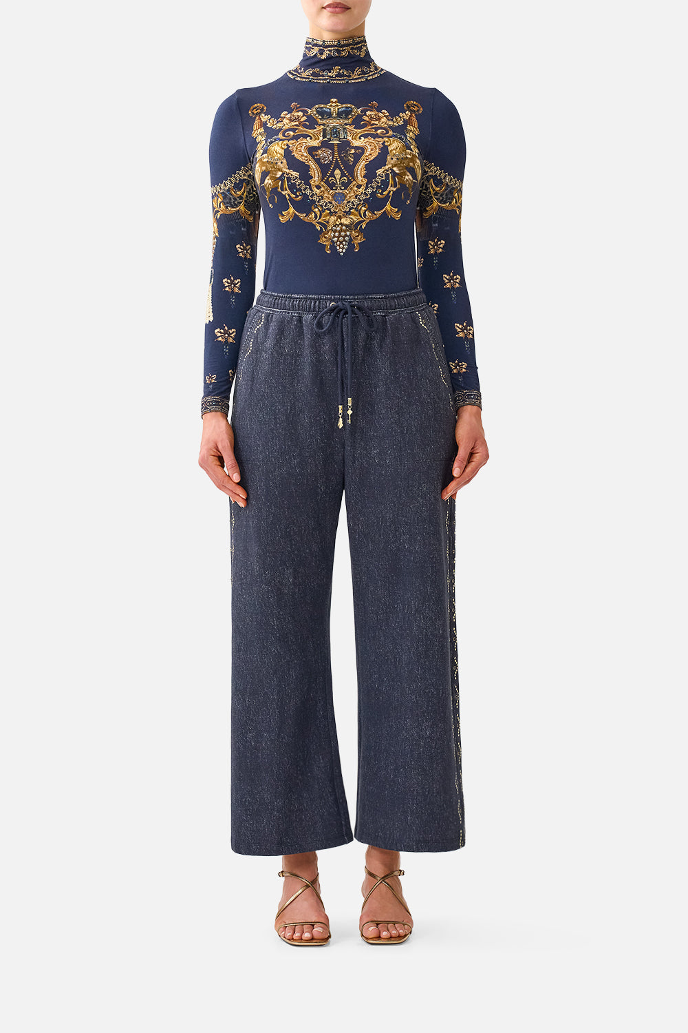 The CAMILLA Straight Leg Track Pant in our Cloaked in Baroque print, front view on model.