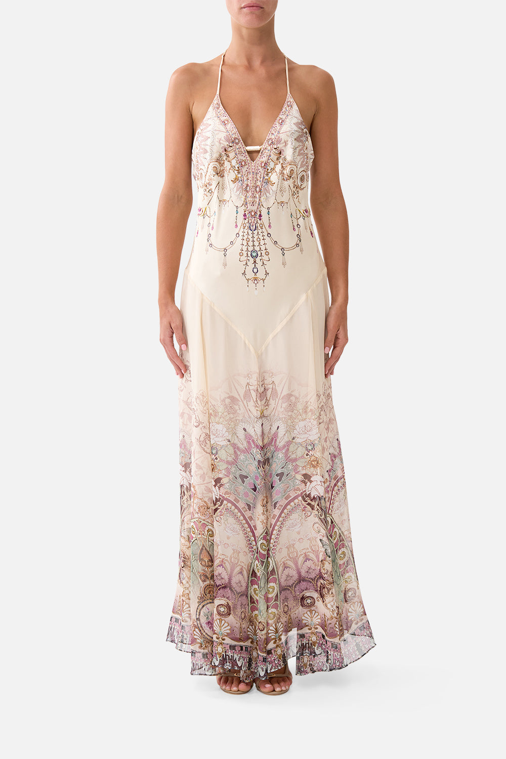 The CAMILLA Hardware Detail Slip Dress in our A Meeting of Masterpieces print, front view on model.