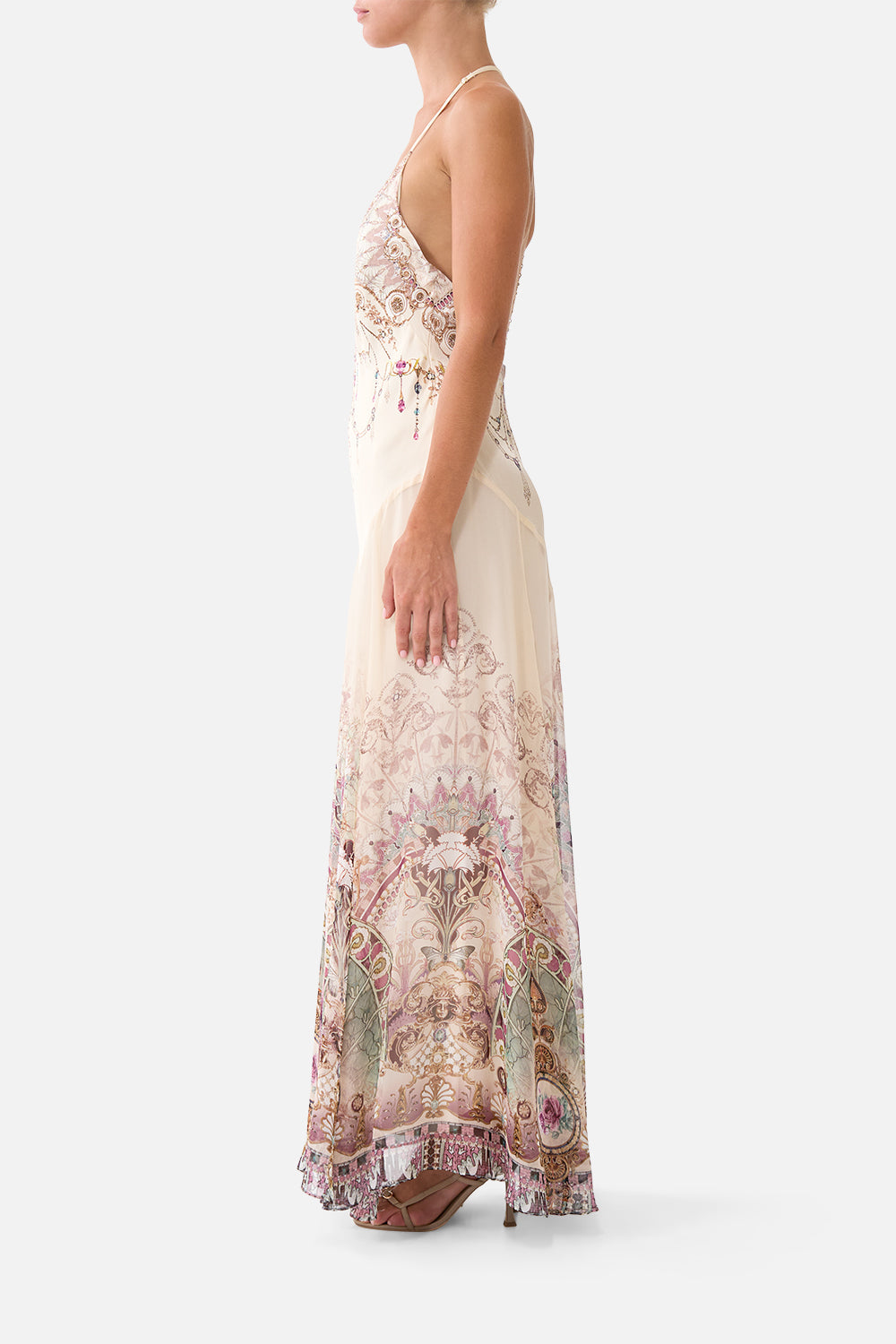 The CAMILLA Hardware Detail Slip Dress in our A Meeting of Masterpieces print, side view on model.