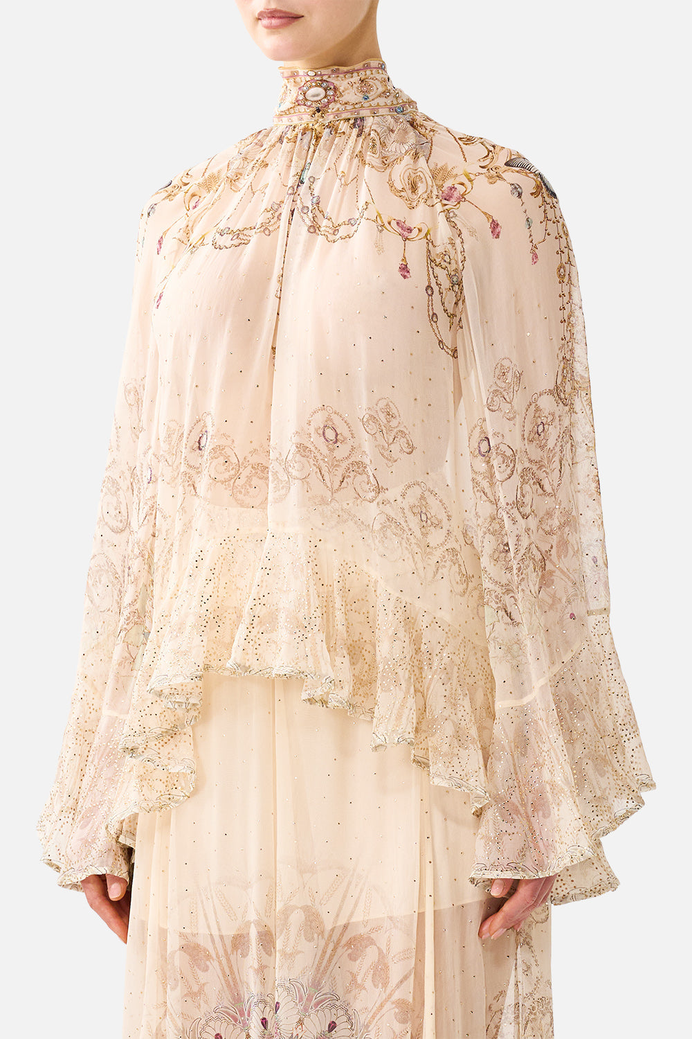 COLLARED LONG SLEEVE TOP WITH RUFFLES A MEETING OF MASTERPIECES