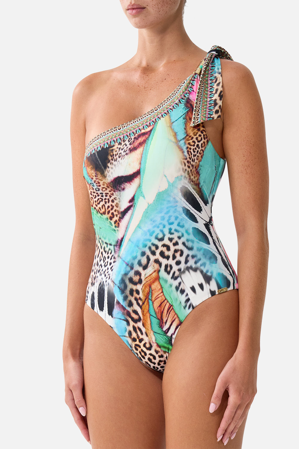 DRAPED ONE SHOULDER ONE PIECE W TIE TRIM BUTTERFLY BOHEMIA