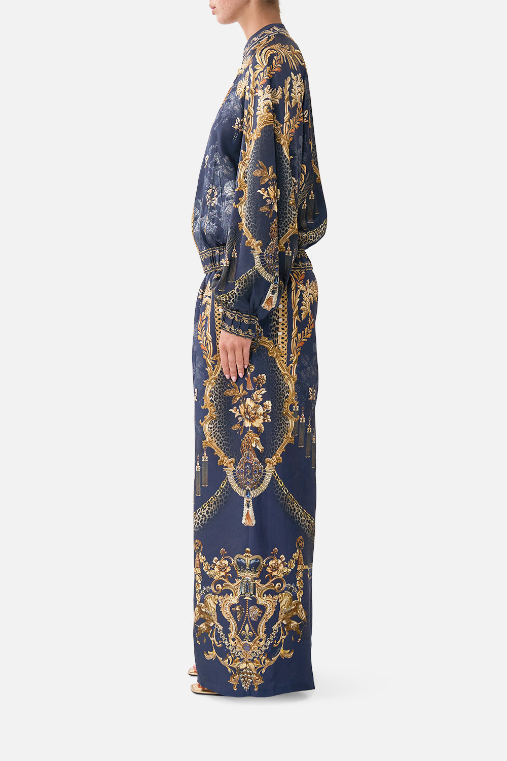 The CAMILLA Straight Leg Pant in our Cloaked in Baroque print, side view on model.