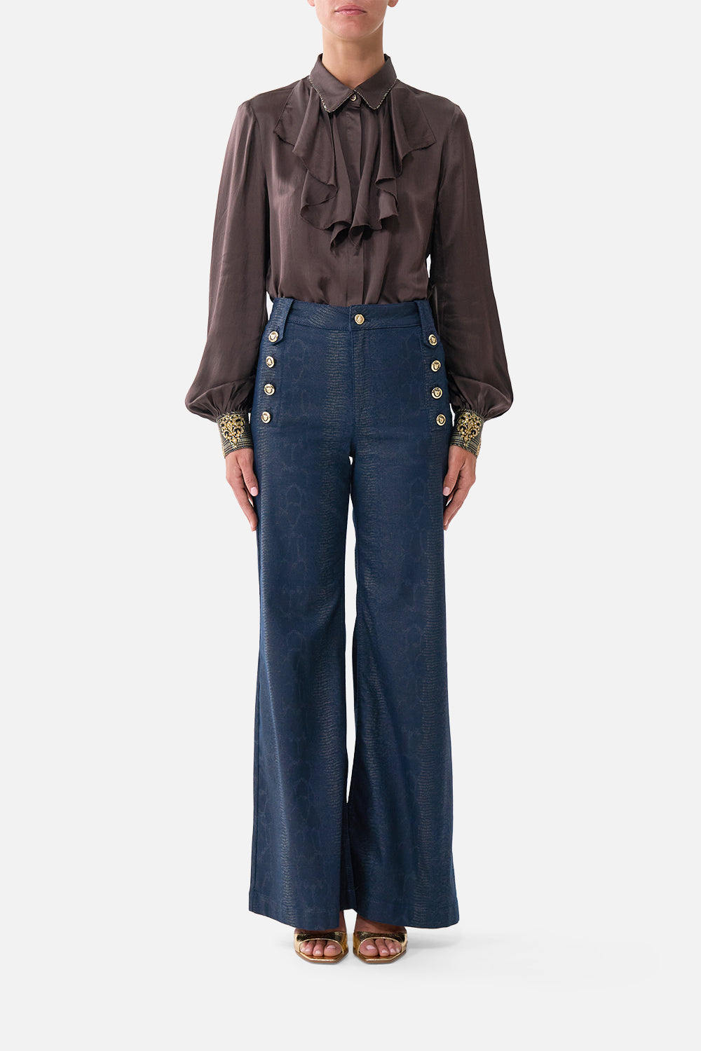 The CAMILLA Collared Shirt with Frill Neck Detail Animals in the Palace in our Animals in the Palace print.