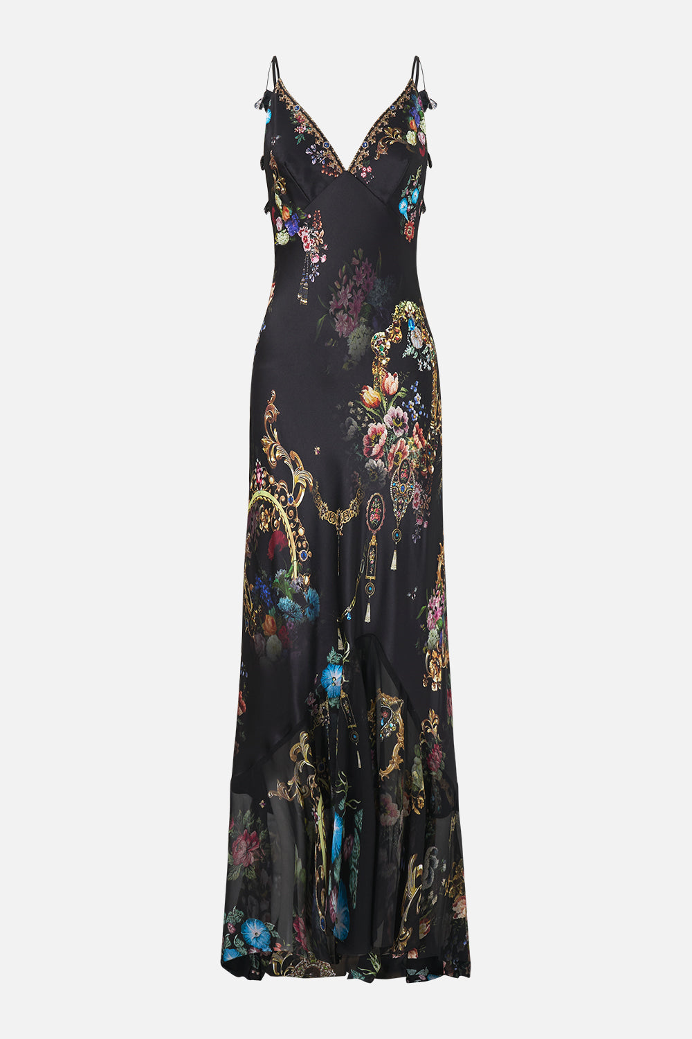 V NECK SLIP DRESS WITH FLOUNCE HEM NIGHT GARDEN