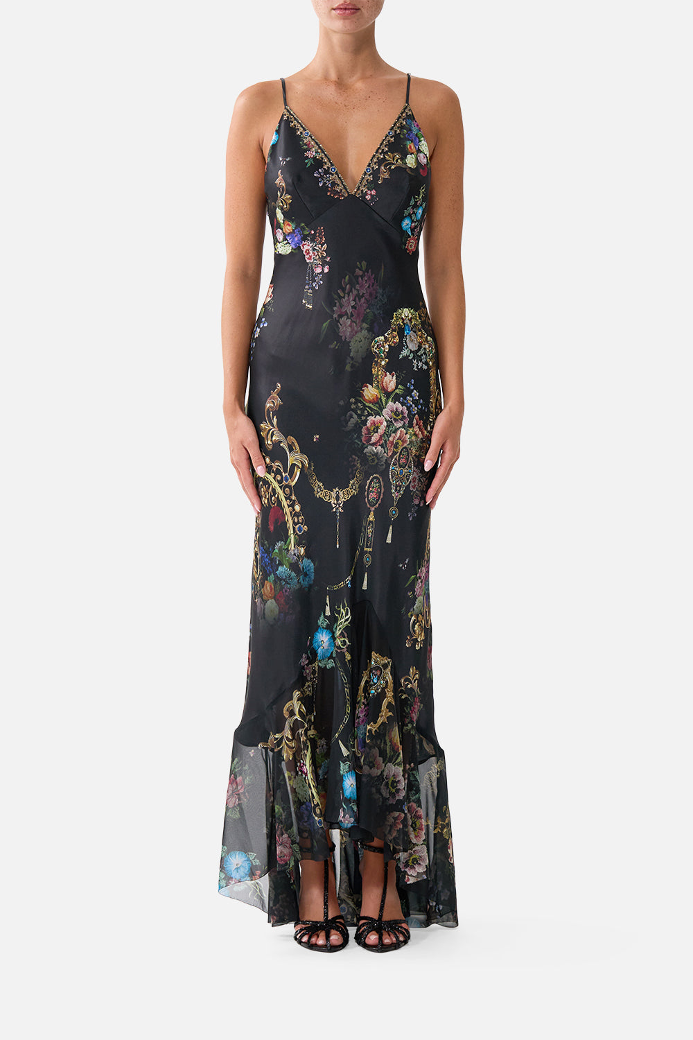 V NECK SLIP DRESS WITH FLOUNCE HEM NIGHT GARDEN