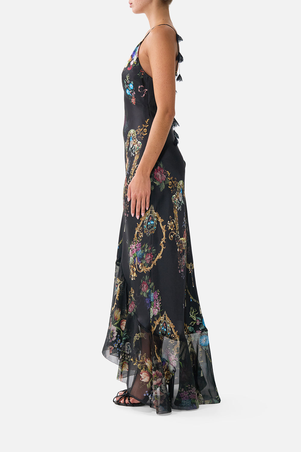V NECK SLIP DRESS WITH FLOUNCE HEM NIGHT GARDEN