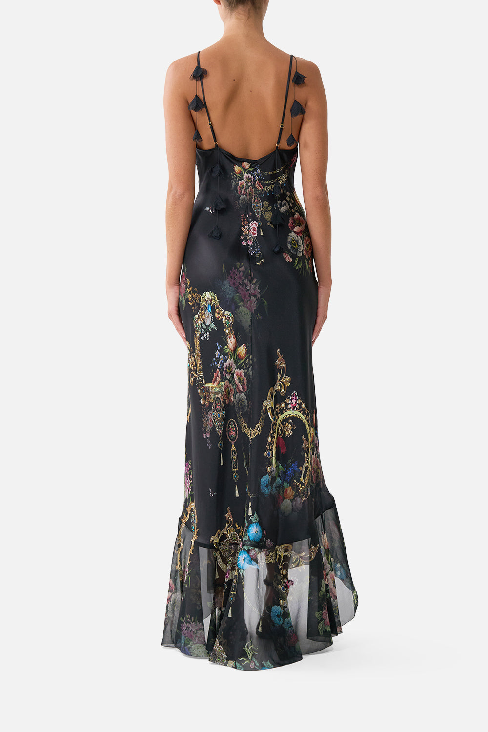 V NECK SLIP DRESS WITH FLOUNCE HEM NIGHT GARDEN