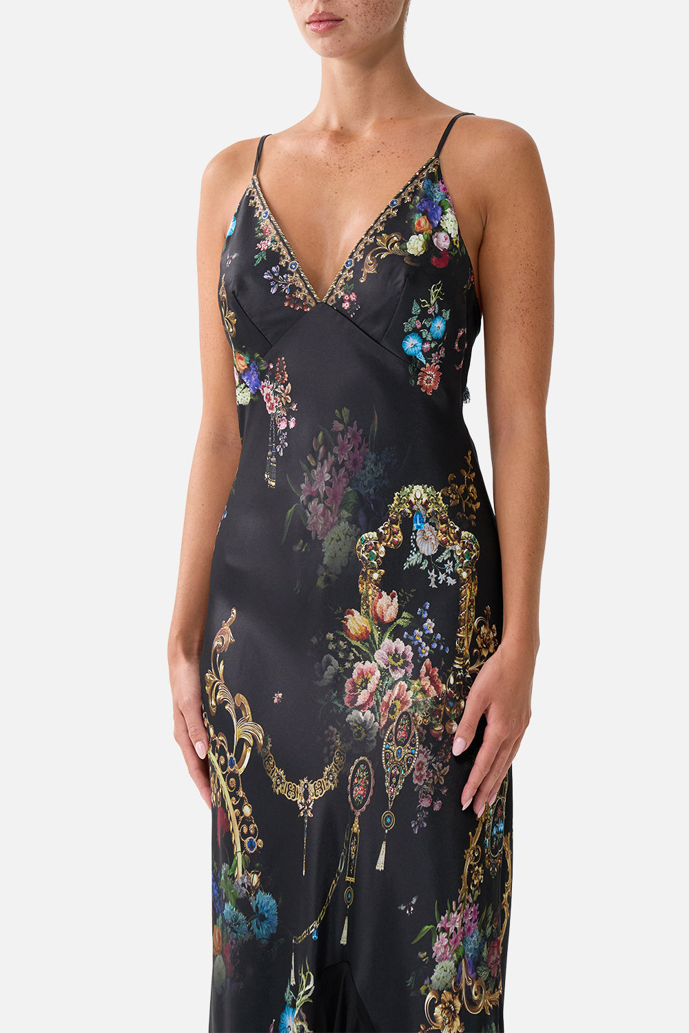 V NECK SLIP DRESS WITH FLOUNCE HEM NIGHT GARDEN