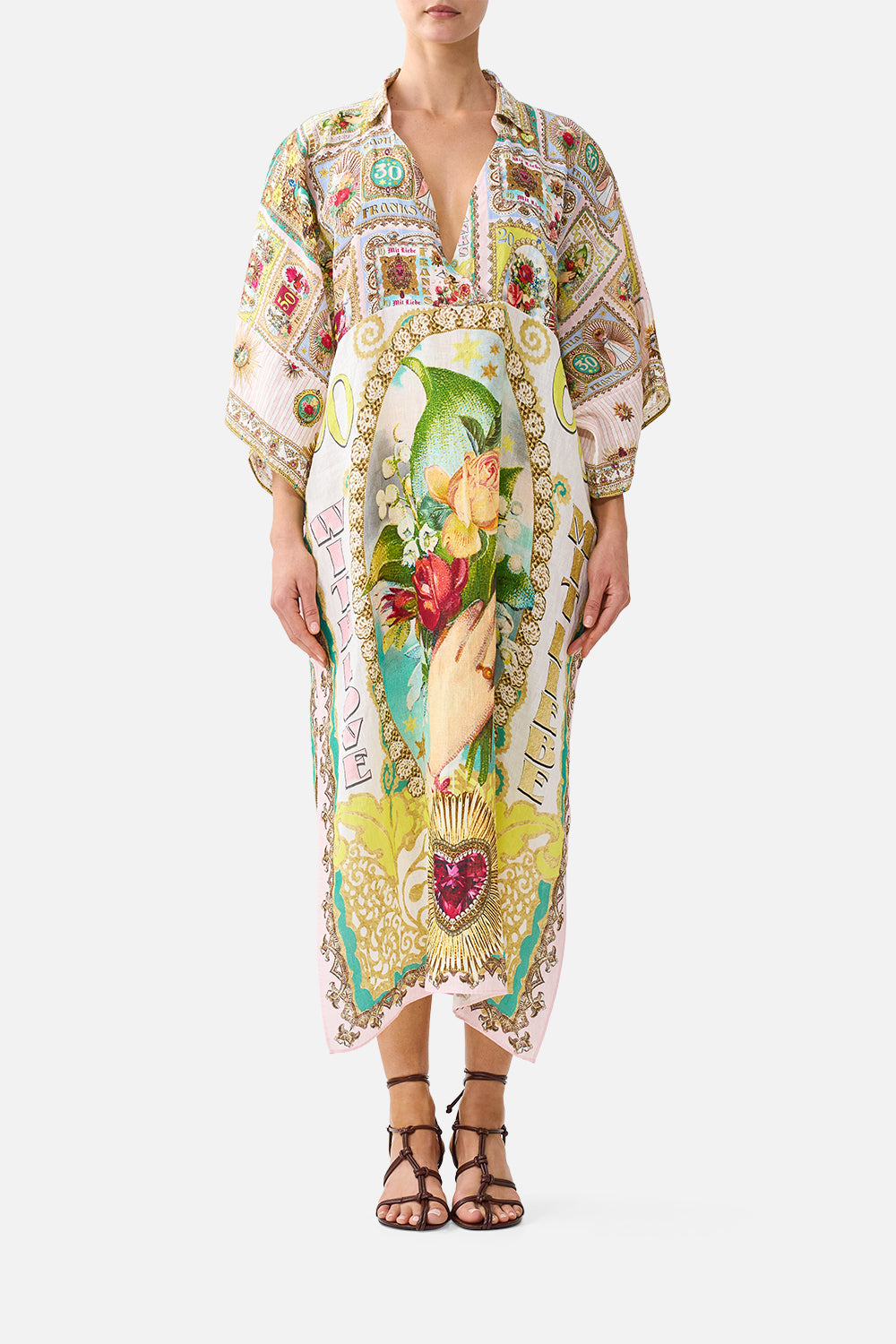 The CAMILLA DEEP V NECK KAFTAN WITH CURVED SEAM PAINTED PRAYERSPAINTED PRAYERS