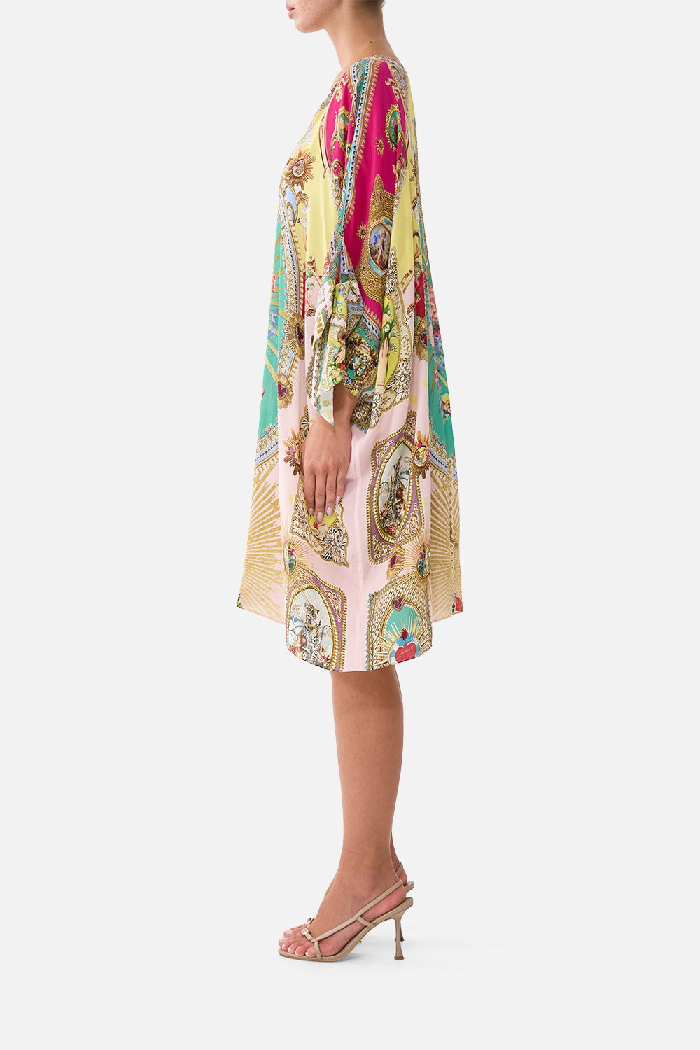 The CAMILLA TIE SLEEVE SHORT V NECK KAFTAN PAINTED PRAYERS