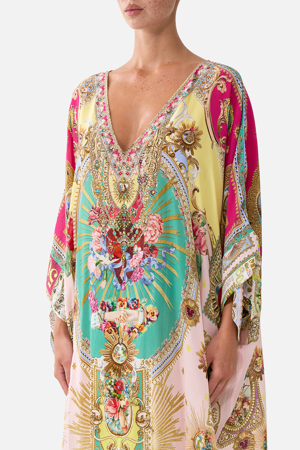 The CAMILLA TIE SLEEVE SHORT V NECK KAFTAN PAINTED PRAYERS