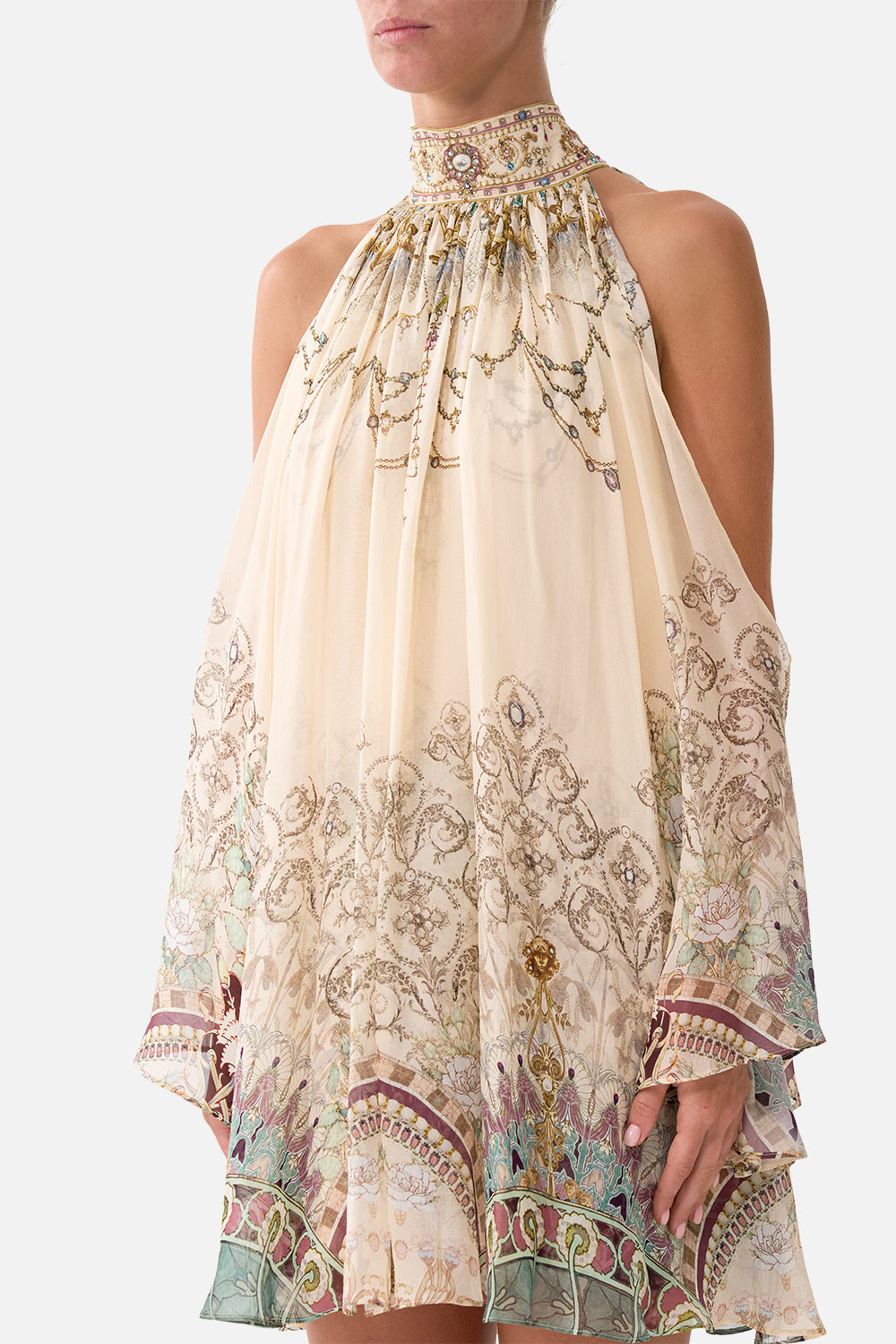 The CAMILLA Cold Shoulder Short Dress in our A Meeting of Masterpieces print, detail view on model.