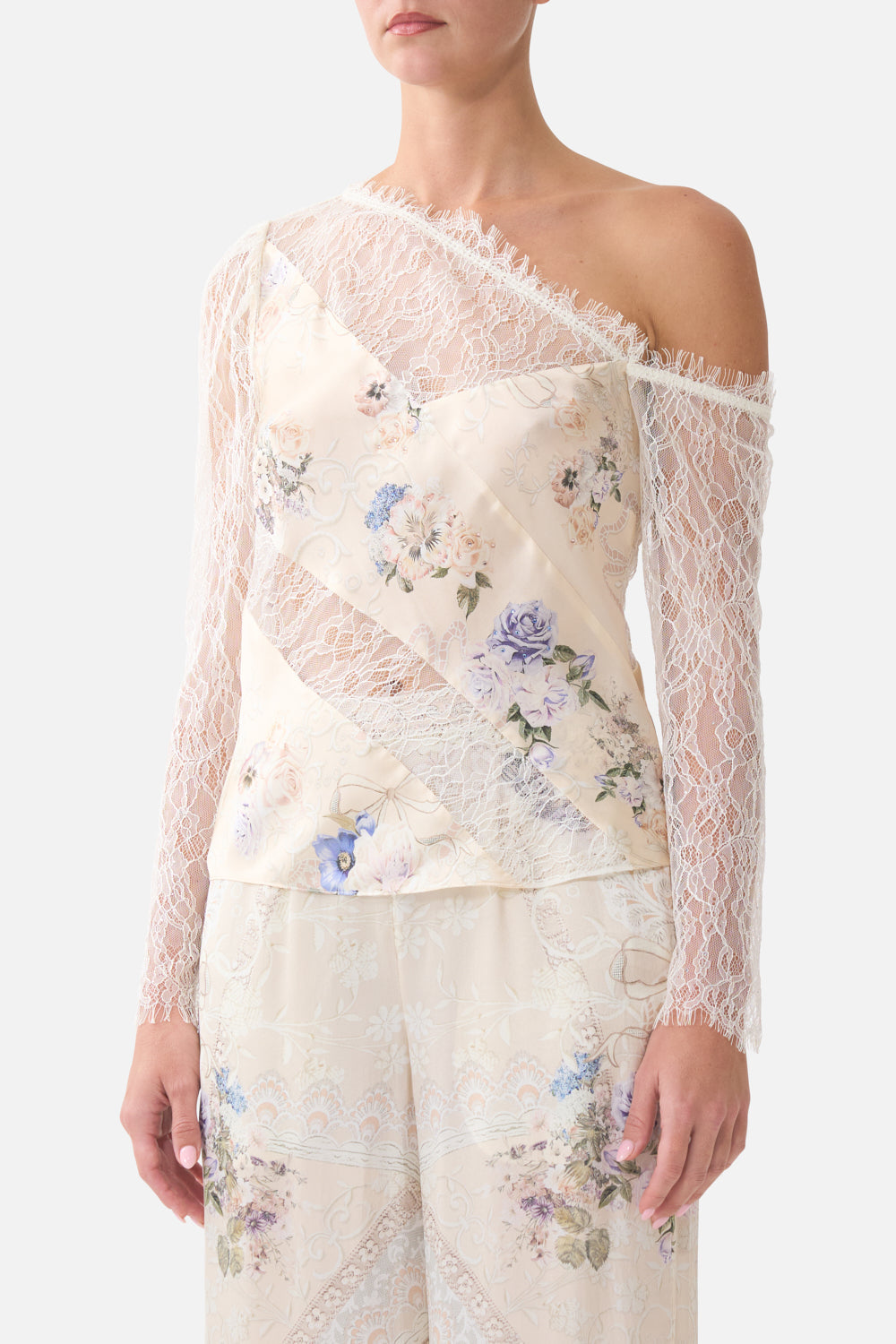 LACE SPLICE ONE SHOULDER TOP LACED WITH LOVE