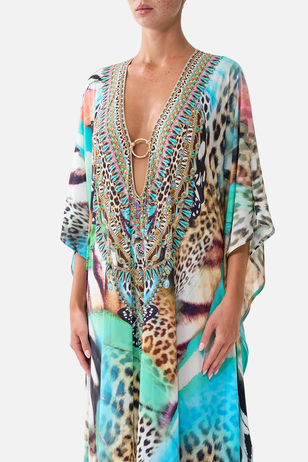 The CAMILLA LONG V NECK KAFTAN W RING FRONT TRIM BUTTERFLY BOHEMIA