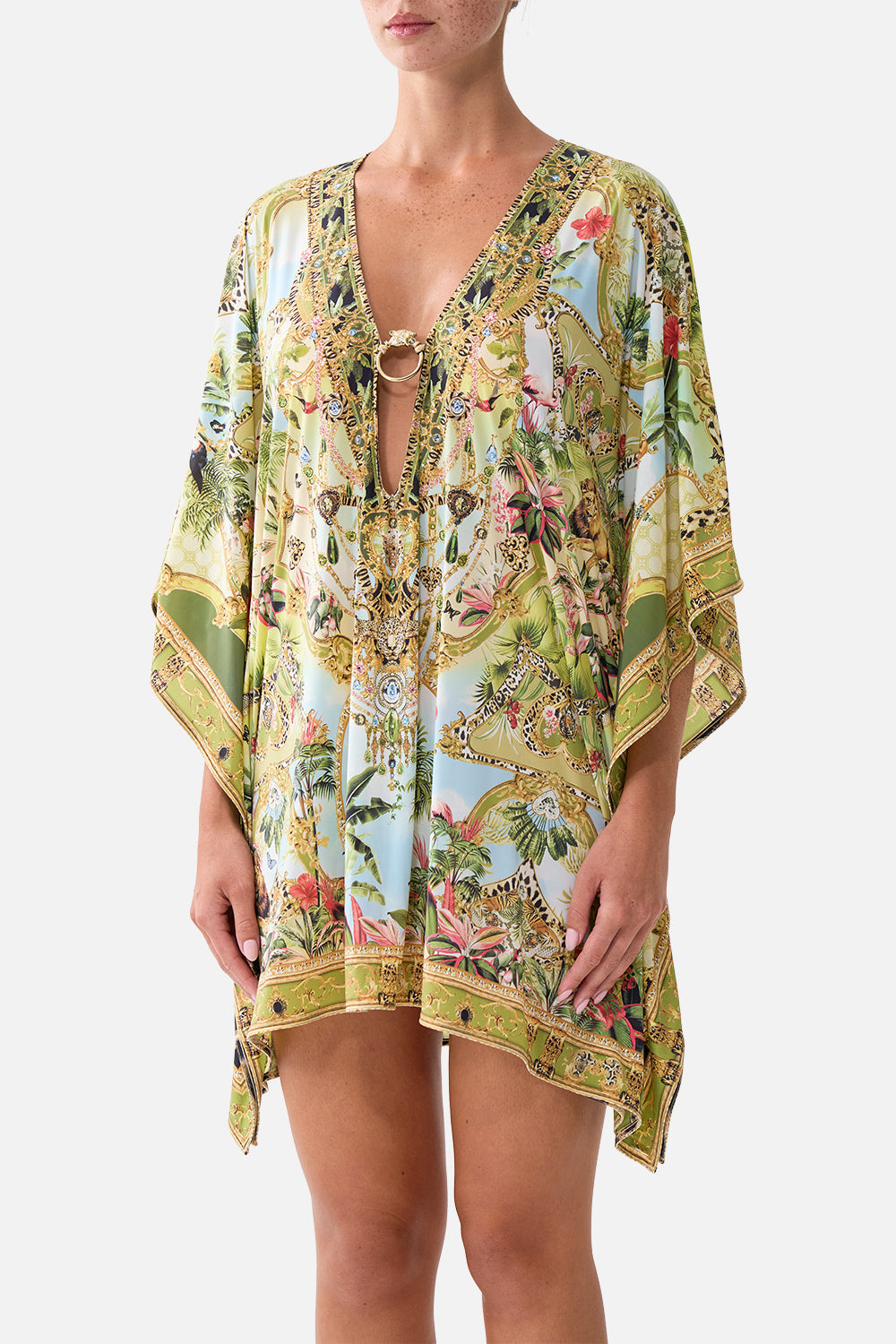 The CAMILLA Short V Neck Kaftan W/ Ring Front Trim Wanderlust Empire in our Wanderlust Empire print.
