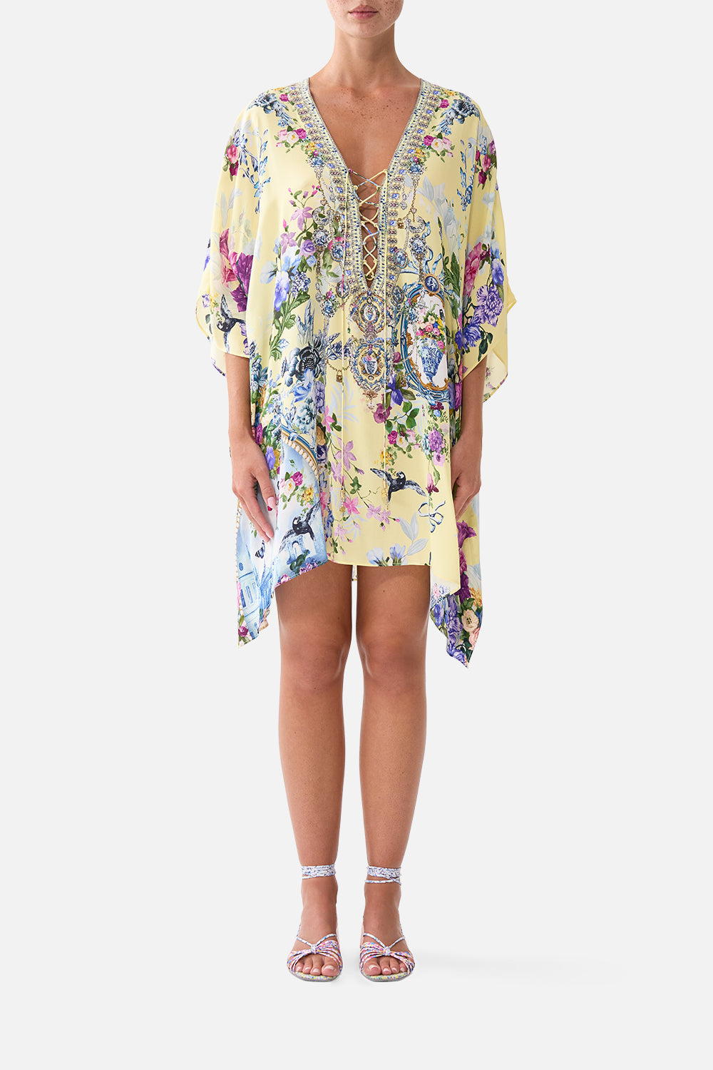The CAMILLA Short Lace Up Kaftan Chinoiserie Child in our Chinoiserie Child print.