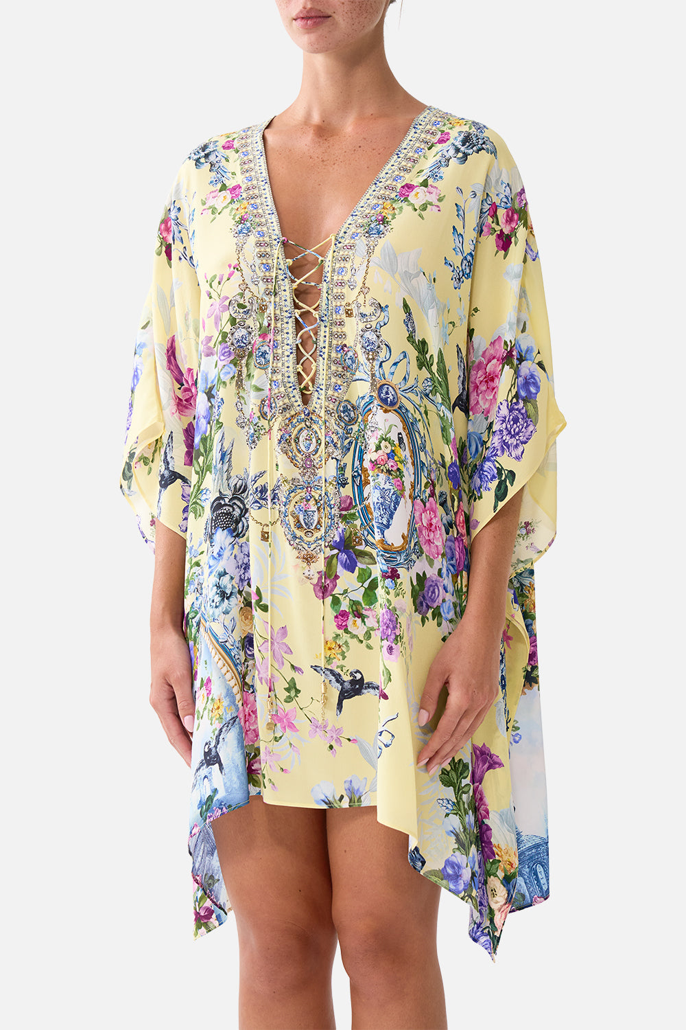 The CAMILLA Short Lace Up Kaftan Chinoiserie Child in our Chinoiserie Child print.