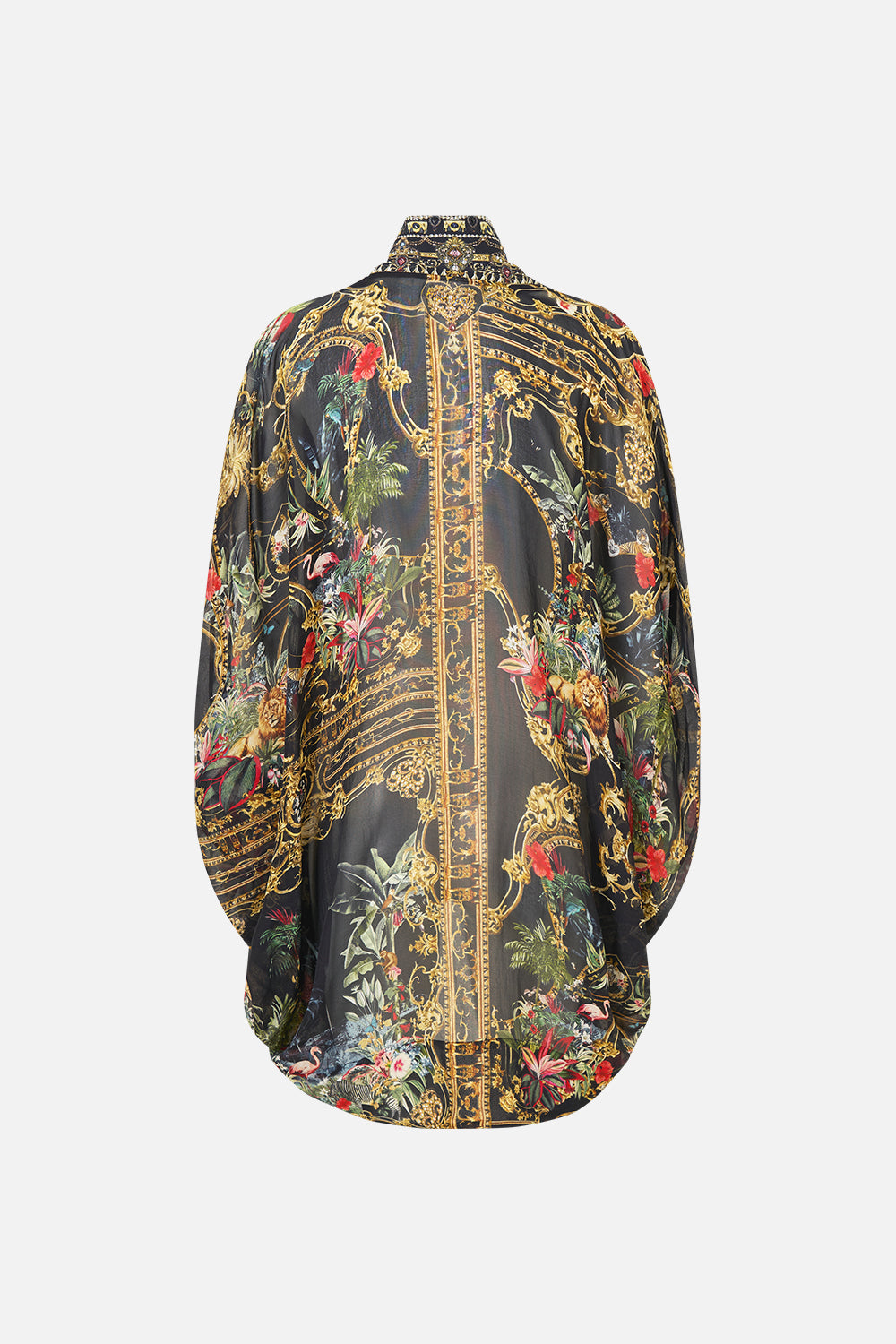 The CAMILLA Open Front Cardi Cape in our Palace Zoology print, back view.