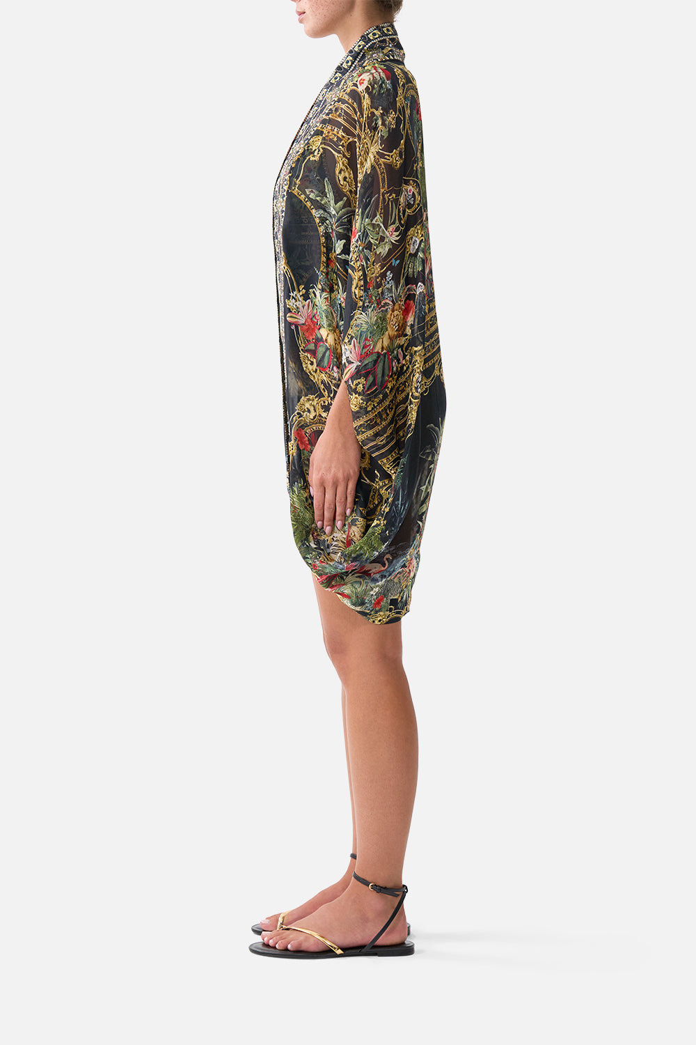 The CAMILLA Open Front Cardi Cape in our Palace Zoology print, side view on model.