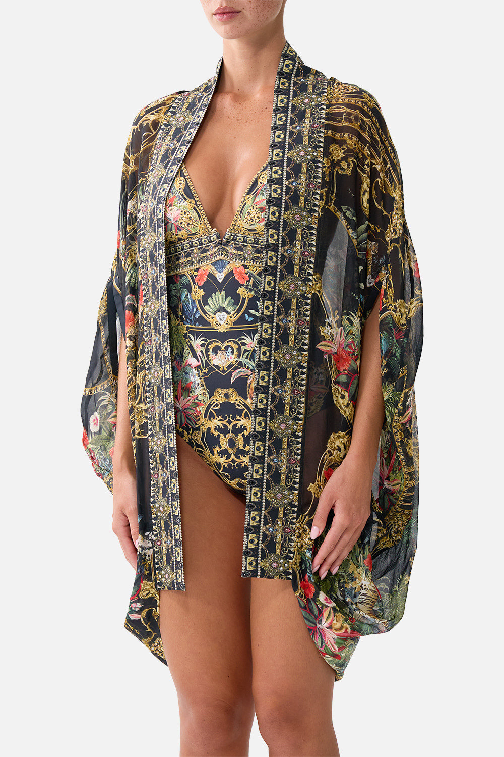 The CAMILLA Open Front Cardi Cape in our Palace Zoology print, detail view on model.