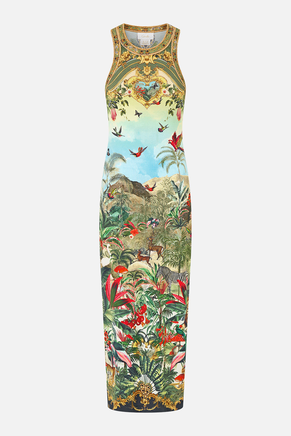 The CAMILLA Jersey Tank Dress in our Wanderlust Empire print, front view.