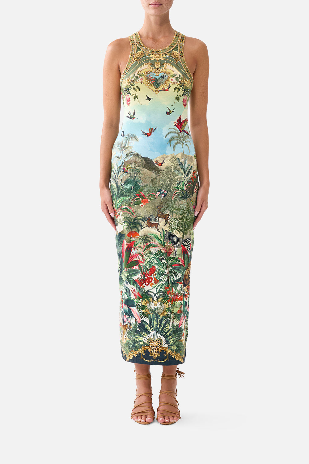 The CAMILLA Jersey Tank Dress in our Wanderlust Empire print, front view on model.