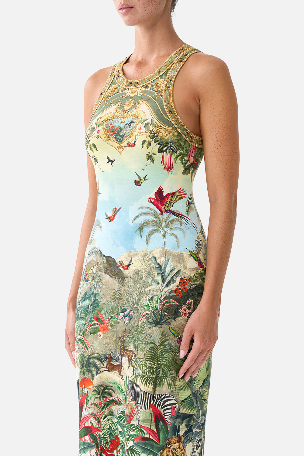The CAMILLA Jersey Tank Dress in our Wanderlust Empire print, side view on model.