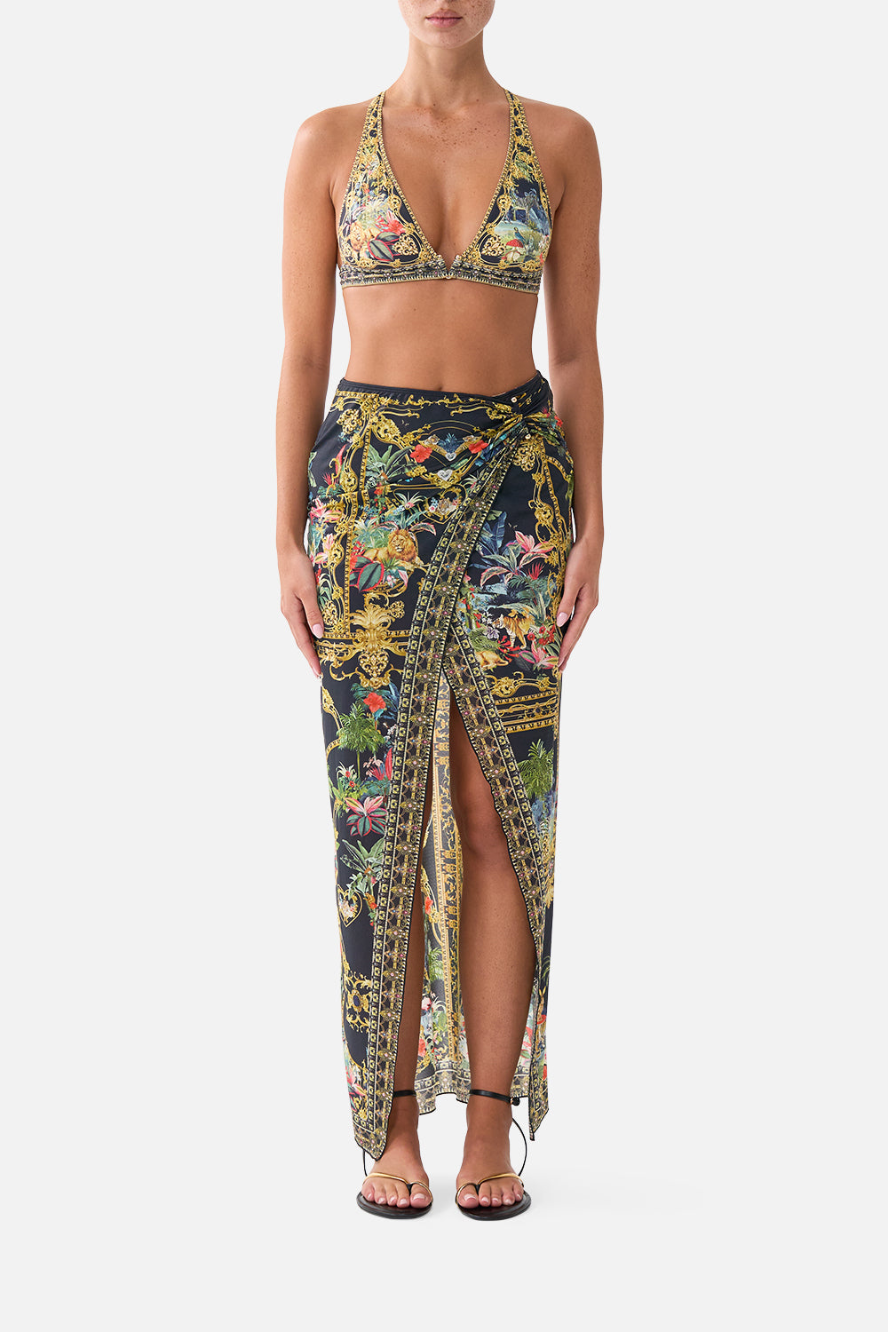 The CAMILLA Long Sarong W/ Gathered Bar Trim Palace Zoology in our Palace Zoology print.