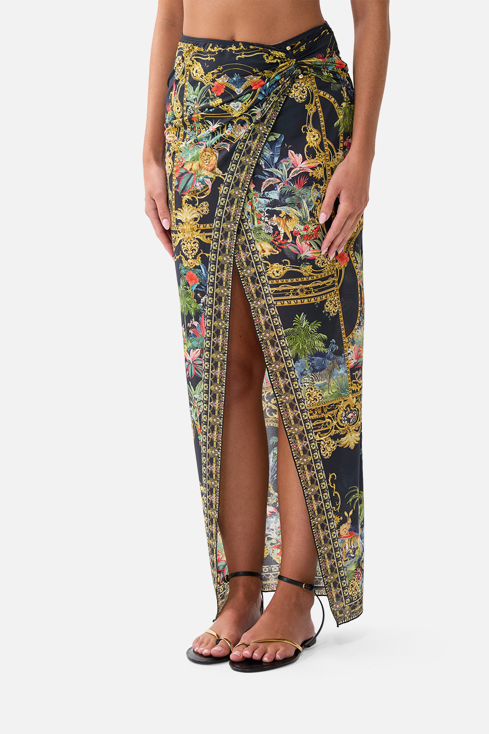 The CAMILLA Long Sarong W/ Gathered Bar Trim Palace Zoology in our Palace Zoology print.
