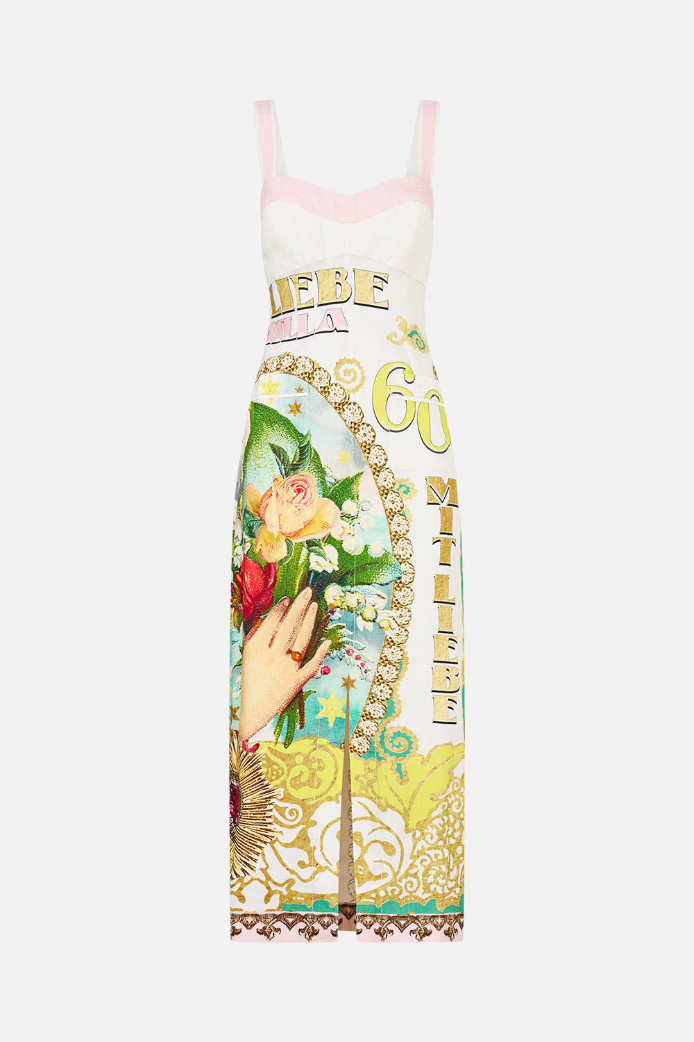 The CAMILLA FORM FITTED MIDI DRESS WITH TOPSTITCHING PAINTED PRAYERS