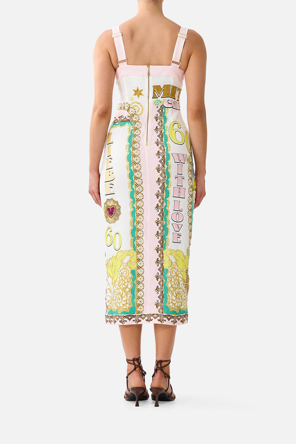 The CAMILLA FORM FITTED MIDI DRESS WITH TOPSTITCHING PAINTED PRAYERS