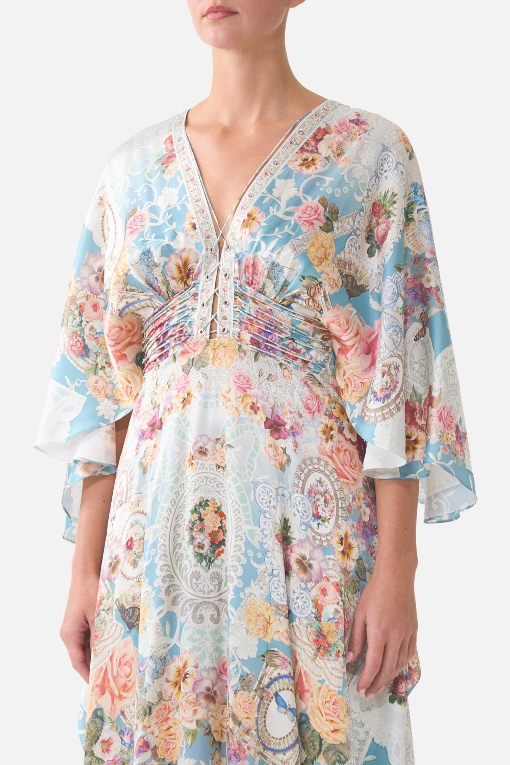 The CAMILLA DIPPED WAIST PANELLED BIKINI BOTTOM CHINOISERIE CHILD in our  print.