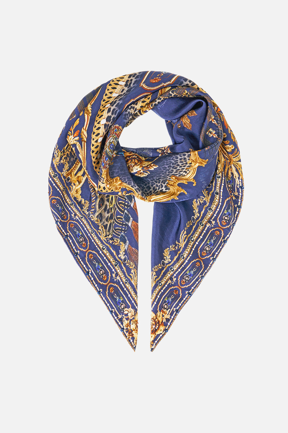 The CAMILLA Large Crystalled Silk Square Scarf in our Cloaked in Baroque print, front view.