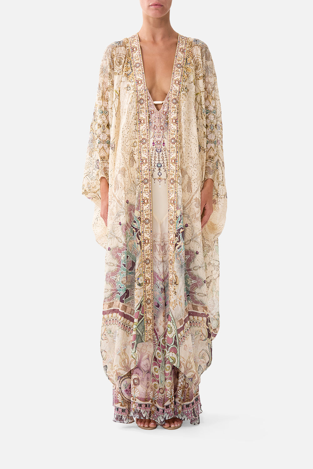 The CAMILLA Layer with Centre Back Panel in our A Meeting of Masterpieces print, front view on model.