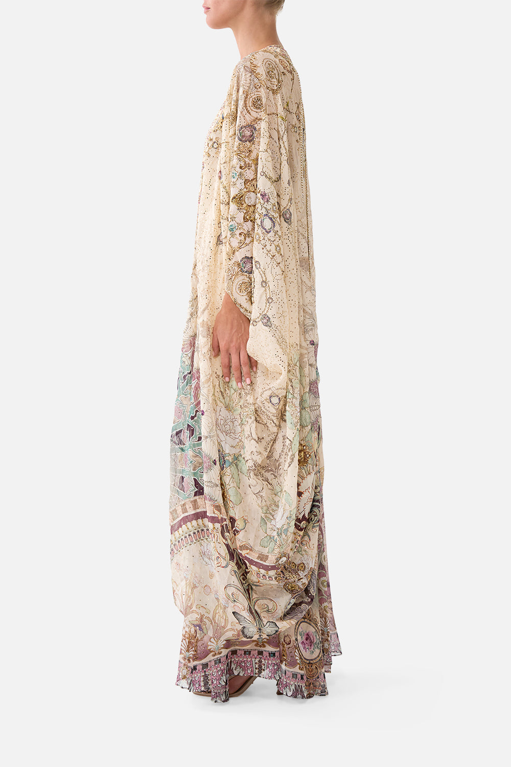 The CAMILLA Layer with Centre Back Panel in our A Meeting of Masterpieces print, side view on model.