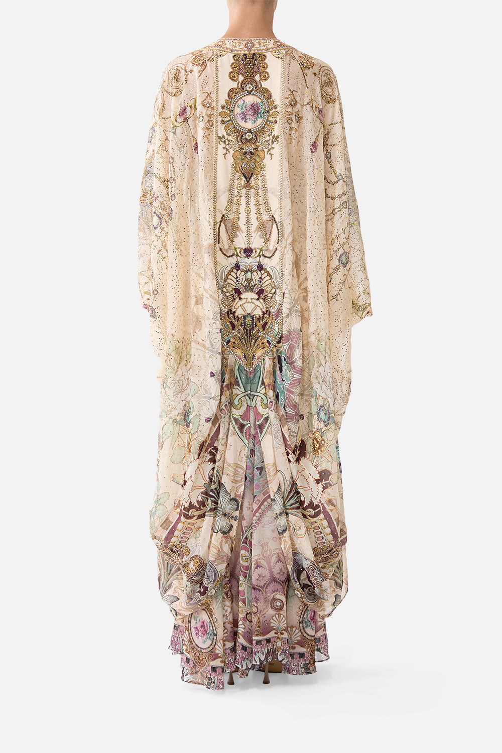 The CAMILLA Layer with Centre Back Panel in our A Meeting of Masterpieces print, back view on model.