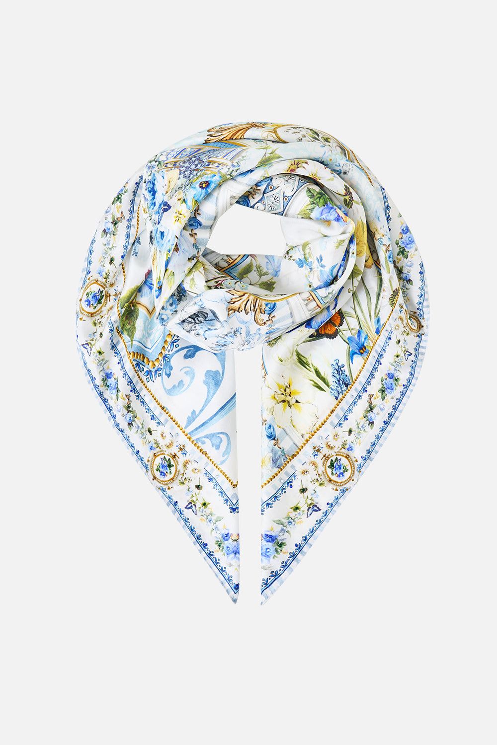 LARGE CRYSTALLED SILK SQUARE SCARF DANDELION SKIES