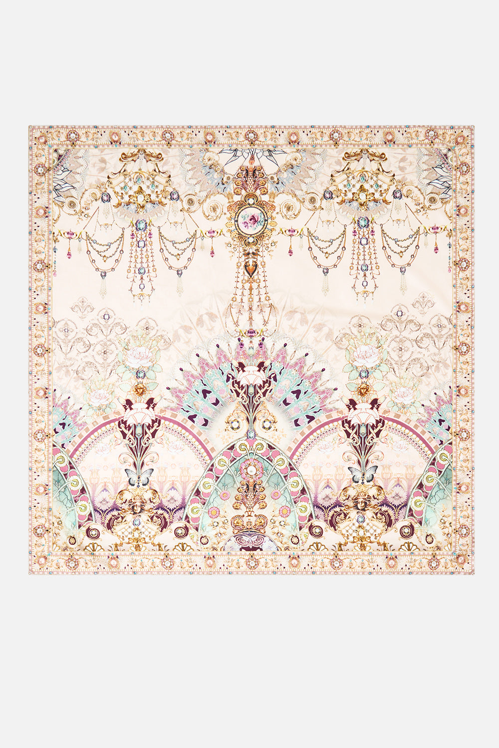 The CAMILLA Large Crystalled Silk Square Scarf in our A Meeting of Masterpieces print, back view.