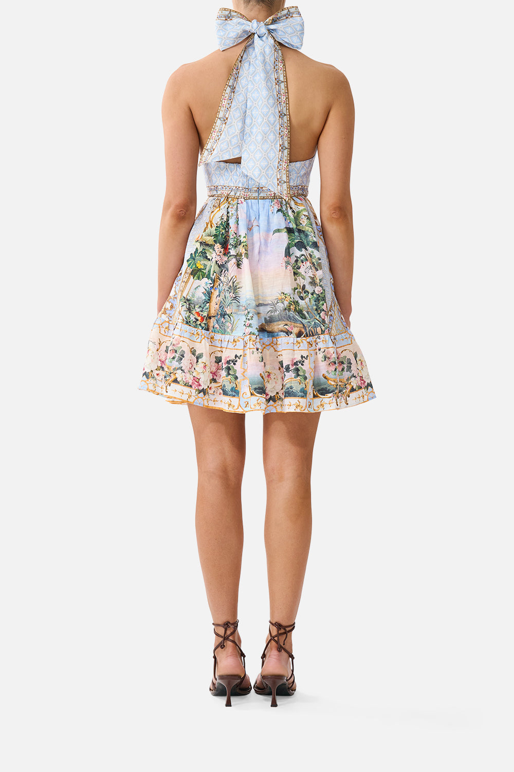 The CAMILLA Ruffle Hem Halter Short Dress Sisi Society in our Sisi Society print.